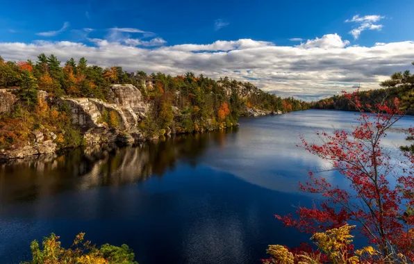 Autumn, trees, lake, rocks, New York, The State Of New York, Park Minnewaska, Minnewaska State …