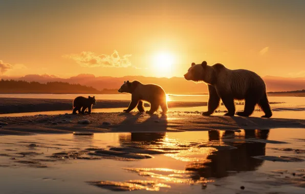 Sunset, bear, silhouette, walk, AI art, neural network