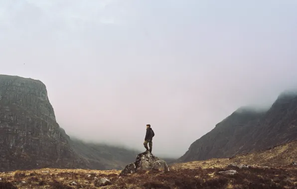 Mountains, fog, stones, back, valley, male, hood