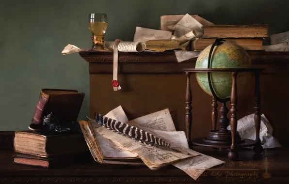Pen, glass, books, still life, globe, paper