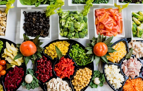 Greens, food, corn, meat, plates, vegetables, tomatoes, olives