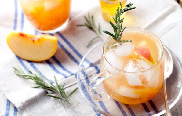 Ice, cocktail, peach, rosemary, blcal