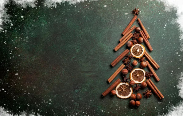 Decoration, snowflakes, tree, sticks, New Year, Christmas, nuts, cinnamon