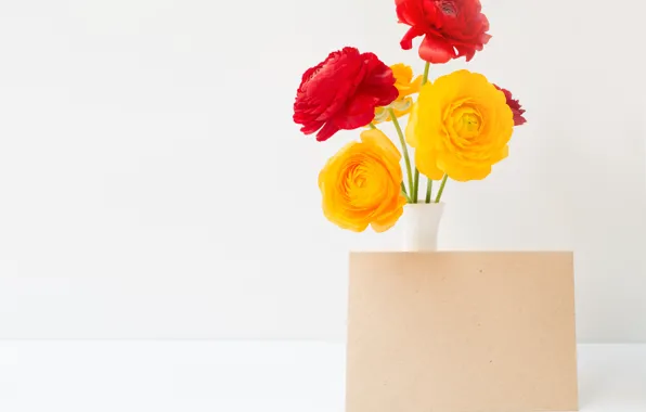 Picture flowers, yellow, red, bouquet, vase, Asian Buttercup