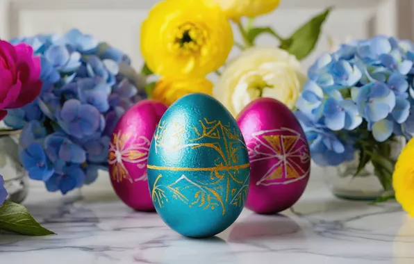 Flowers, table, holiday, pattern, blue, egg, eggs, spring