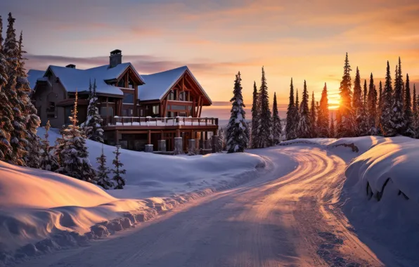 Winter, road, forest, the sun, light, snow, sunset, the evening