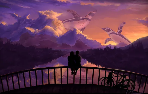 The sky, trees, love, sunset, bridge, bike, reflection, romance