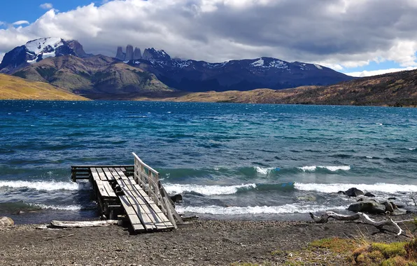 Clouds, mountains, lake, Chile, Patagonia, Blue Lake
