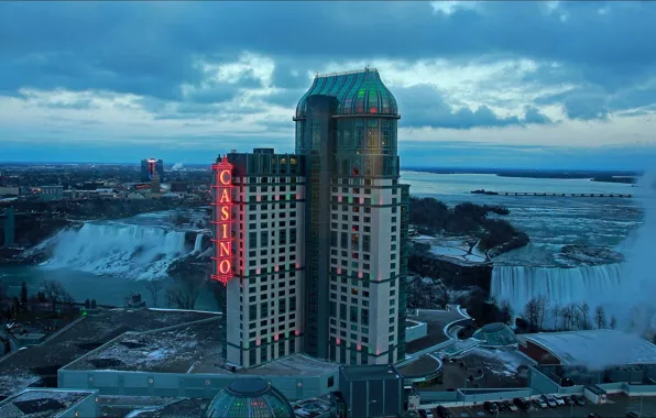Night, Canada, Ontario, Niagara falls, casino, the view from the hotel
