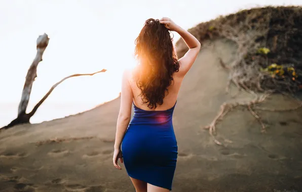 Sand, girl, the sun, blue, figure, dress, brunette, hairstyle