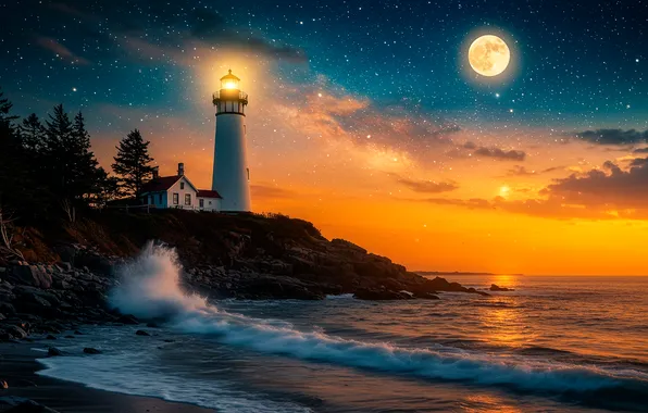 Wave, night, the moon, lighthouse