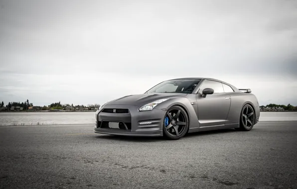 Picture the sky, clouds, river, nissan, Nissan, gt-r, GT-R, r35
