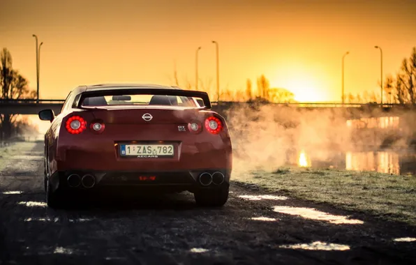 Picture Nissan, Red, GT-R, Car, Sun, Sunset, Back, R35