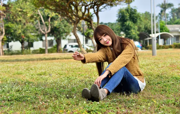 Grass, Smile, Asian, Jeans, Brown hair, Sweater, Sitting
