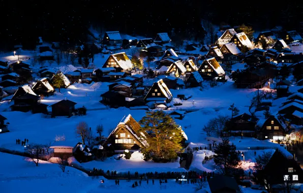 Winter, snow, night, lights, home, Japan, the island of Honshu, Gokayama