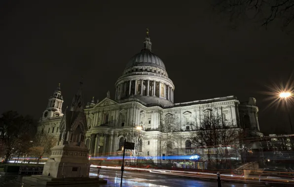 Night, lights, London, St. Paul's Cathedral
