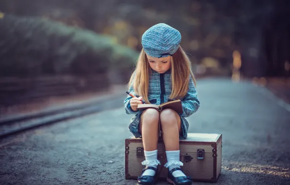Picture road, girl, suitcase, Young Travelers