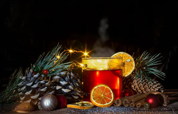 Winter, balls, light, branches, lights, the dark background, holiday, tea