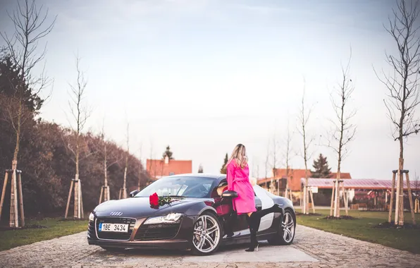 Picture girl, Audi, pink, blonde, car, coat