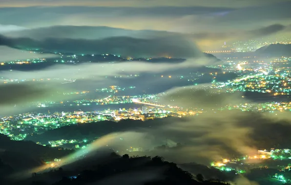 Picture clouds, night, the city, lights, fog, height, the view from the top