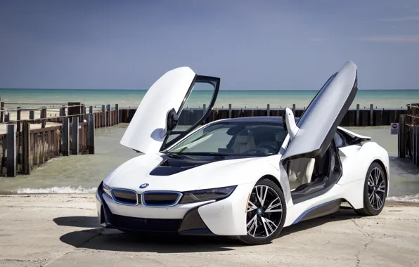 Sea, coupe, pier, sports car, sports car, BMW i8