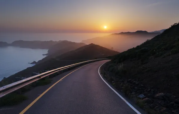 Road, sea, sunset, fog