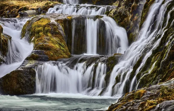 Picture rocks, waterfall, Iceland, Gain