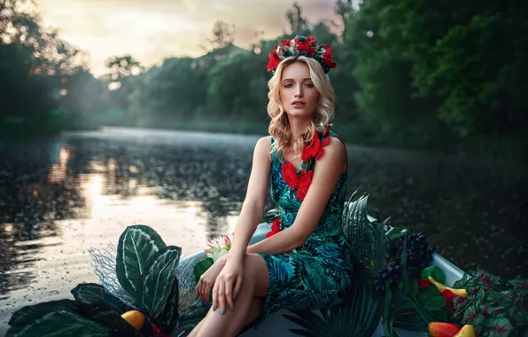 Picture look, girl, pose, style, river, boat, dress, fruit