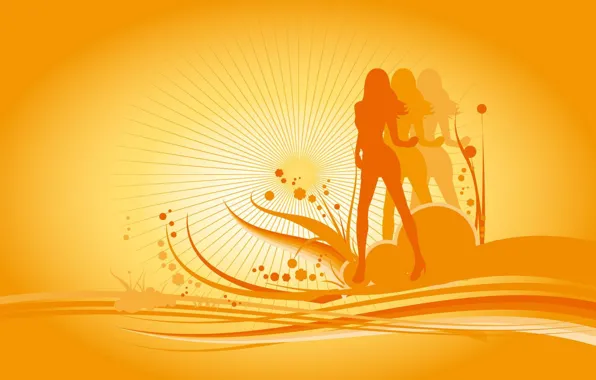 Girl, the sun, orange, vector, silhouette