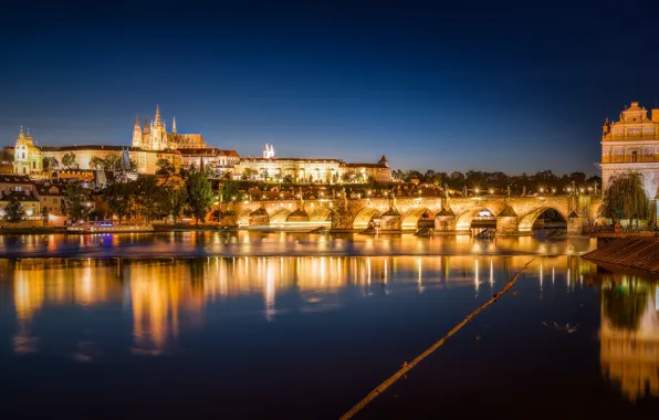 Picture bridge, reflection, river, Prague, Czech Republic, night city, Prague, Charles bridge