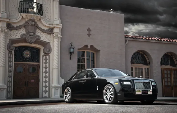 Picture the sky, clouds, black, the building, Windows, Rolls-Royce, the door, Ghost
