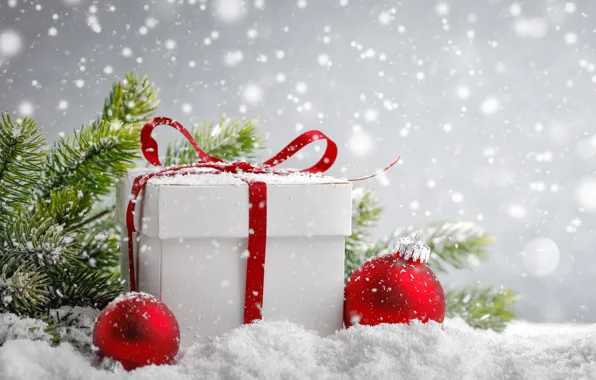 Snow, New Year, Christmas, balls, merry christmas, gift, decoration, xmas