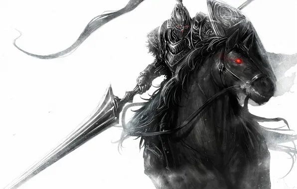 Weapons, horse, figure, rider, red eye, monochrome