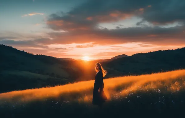 Field, the sun, landscape, sunset, flowers, woman, field, landscape
