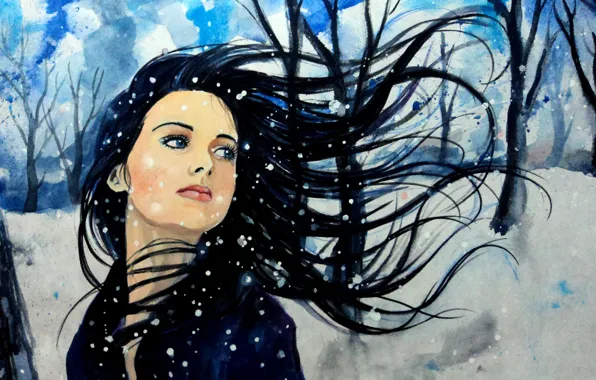 Picture winter, the sky, look, girl, snow, trees, face, the wind