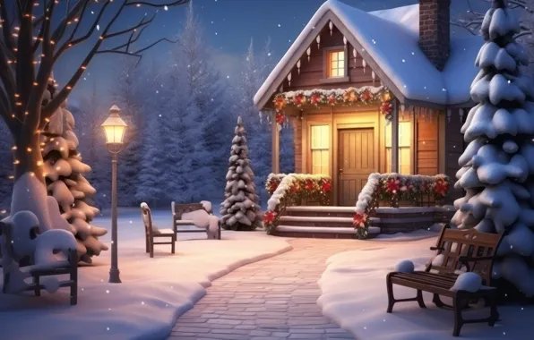 Winter, forest, snow, house, Christmas, New year, house, hut
