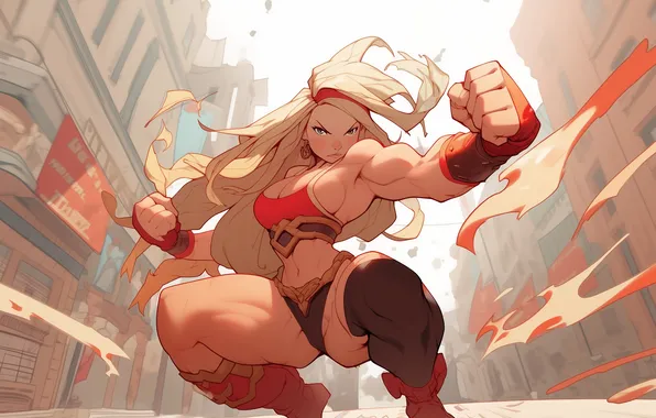 Girl, power, anime, stand, muscles