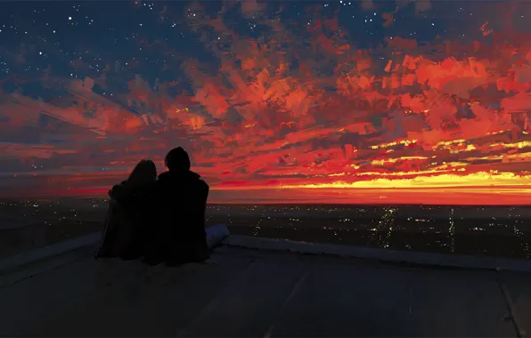 Picture roof, the sky, girl, sunset, the city, romance, art, pair