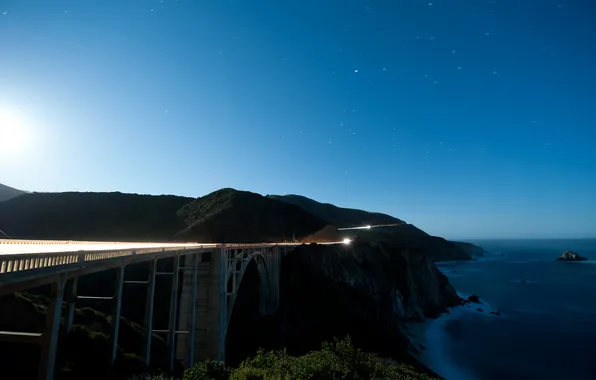 Road, night, bridge, the ocean, rocks, highway, CA, rock