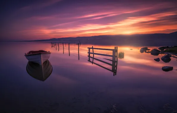 Sunset, lake, boat