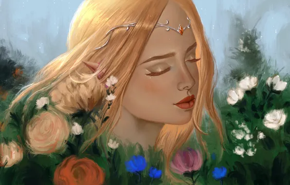 Eyelashes, eyebrows, red, elf, Diadema, long hair, closed eyes, flower garden