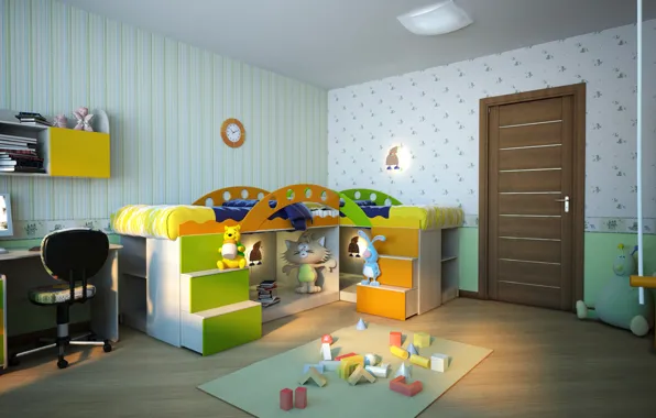 Picture design, room, Wallpaper, toys, bed, the door, children's