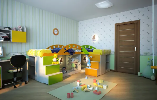 Design, room, Wallpaper, toy, bed, the door, children's