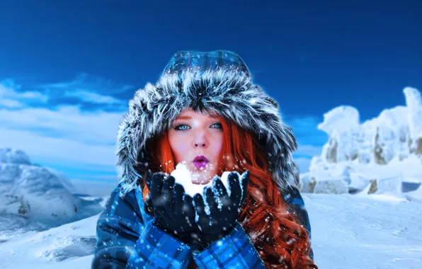 Picture winter, girl, snow, mountains, mood, hair, hood, red