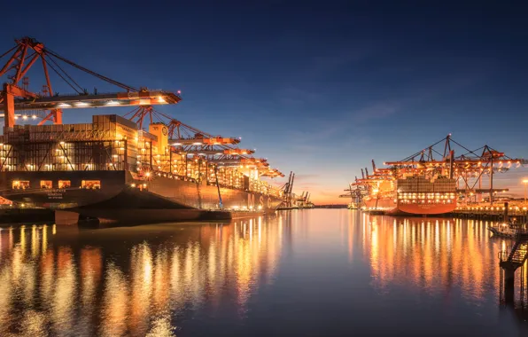 Picture A container ship, Harbour, Pier, Night, Hamburg, Germany, Ships, The city