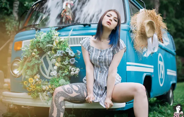 Picture dress, model, brunette, sitting, makeup, spread legs, dyed hair, nose rings