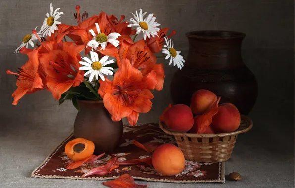 Picture summer, Lily, chamomile, bouquet, fruit, pitcher, fruit, still life