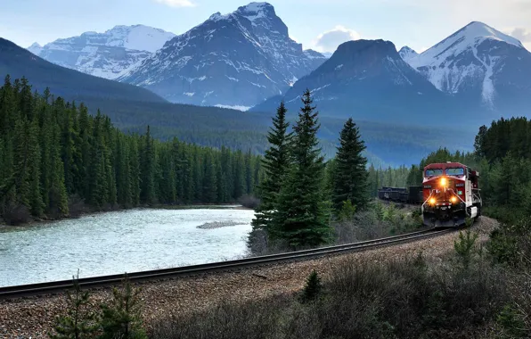 Mountains, train, Canada, Albert, National Park, Banff