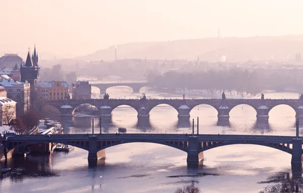 Winter, fog, river, Prague, Czech Republic, bridges, Vltava