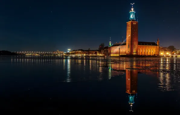 Water, night, bridge, lights, reflection, river, lights, Stockholm